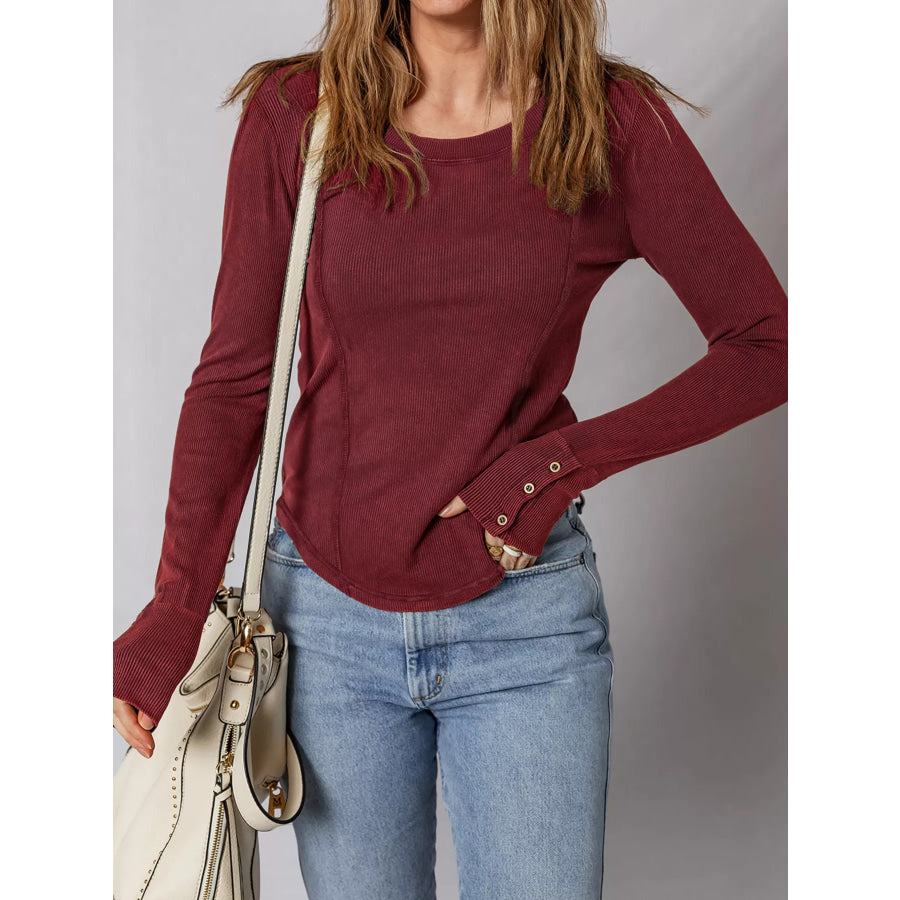 Exposed Seam Ribbed Long Sleeve Top Burgundy / M Apparel and Accessories