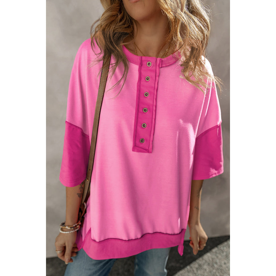 Exposed Seam Round Neck Half Sleeve T-Shirt Hot Pink / S Apparel and Accessories