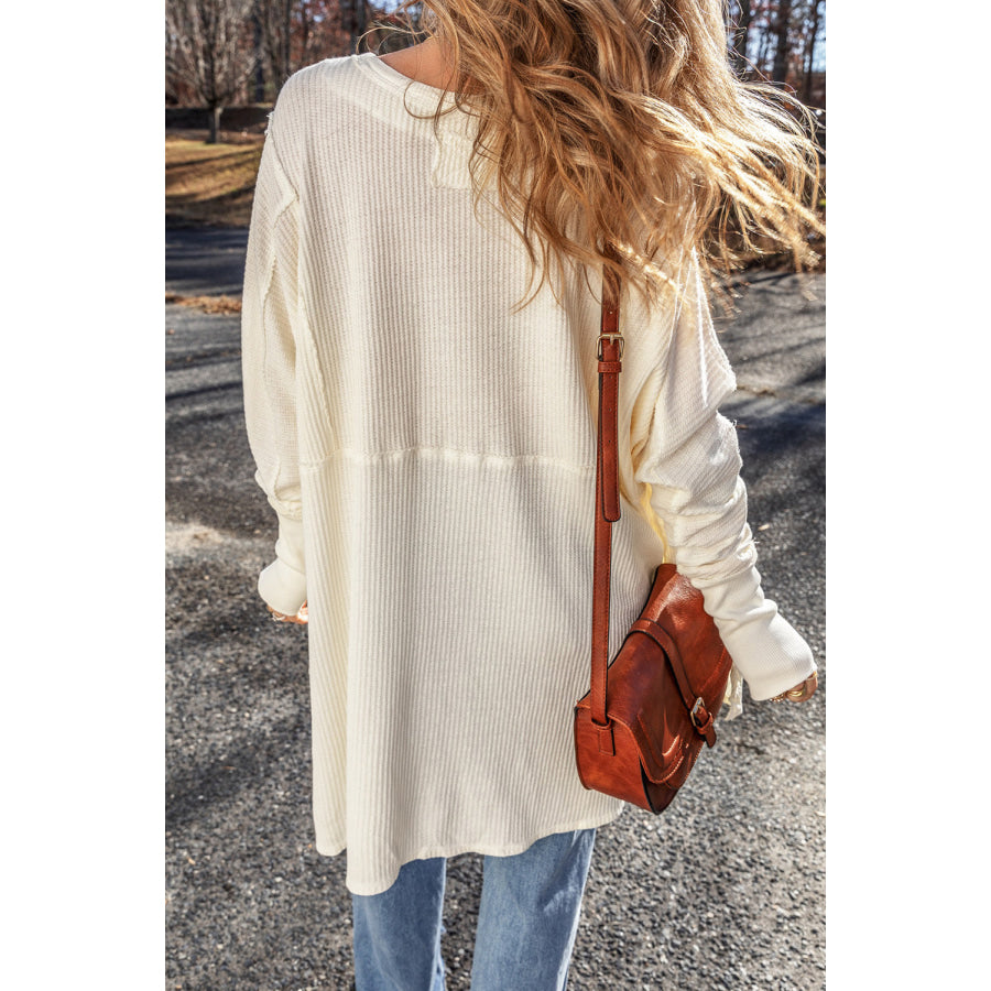 Exposed Seam Round Neck Long Sleeve Blouse Apparel and Accessories