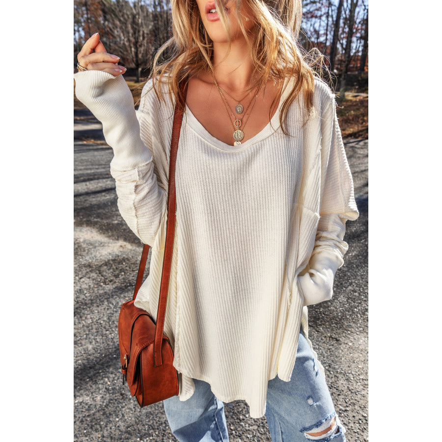 Exposed Seam Round Neck Long Sleeve Blouse Apparel and Accessories