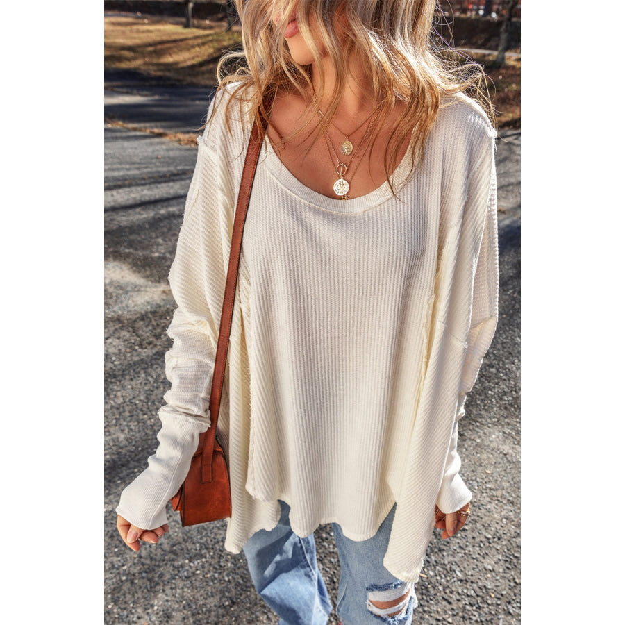 Exposed Seam Round Neck Long Sleeve Blouse Apparel and Accessories