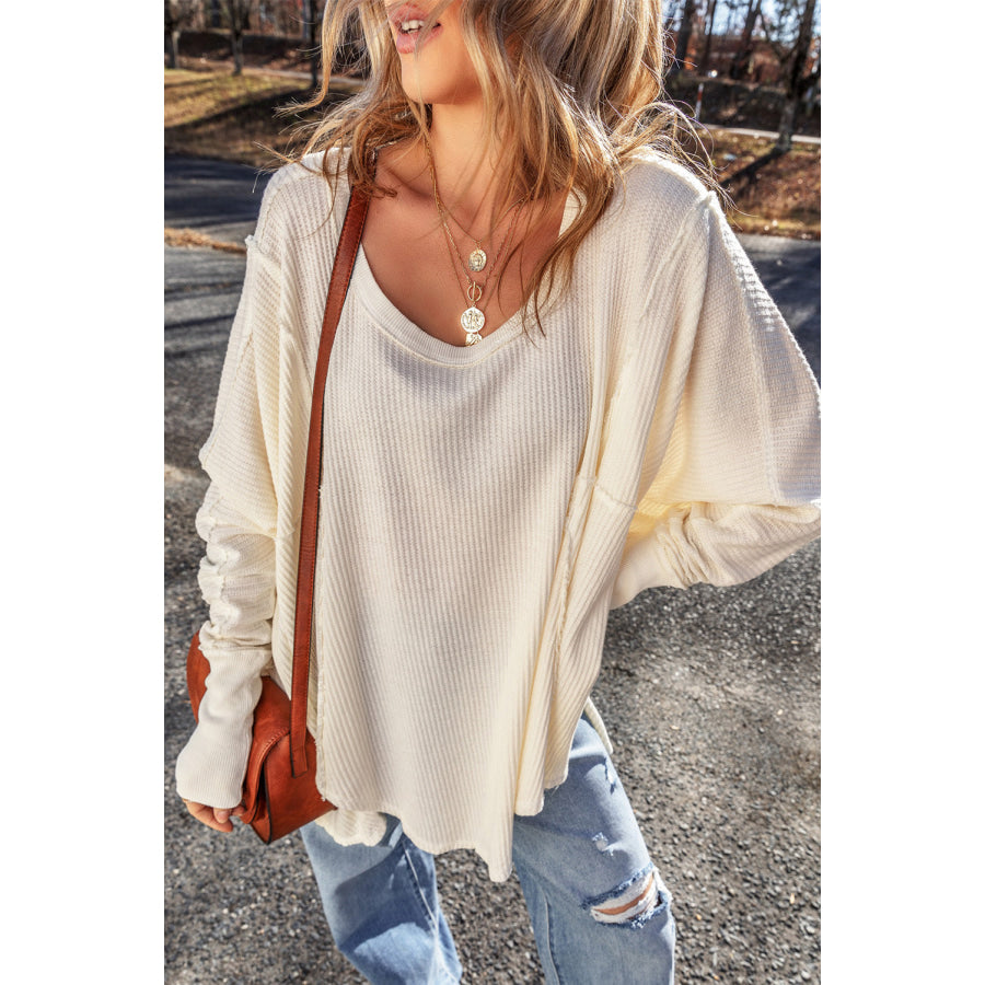 Exposed Seam Round Neck Long Sleeve Blouse Apparel and Accessories