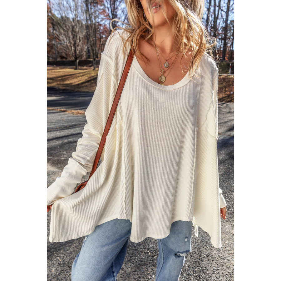 Exposed Seam Round Neck Long Sleeve Blouse Ivory / S Apparel and Accessories