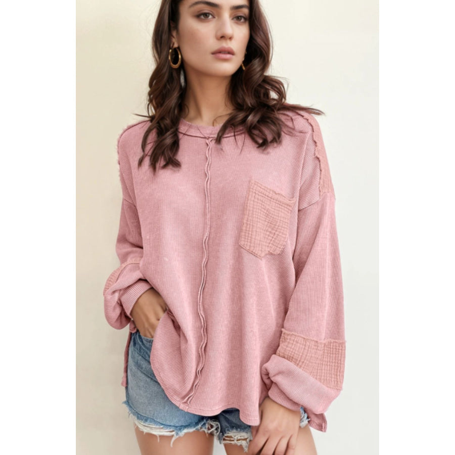 Exposed Seam Round Neck Long Sleeve Sweatshirt Apparel and Accessories