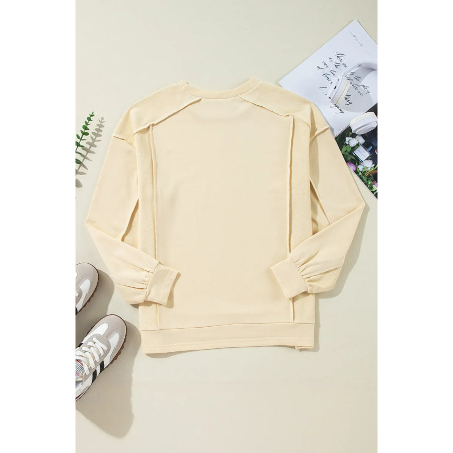 Exposed Seam Round Neck Long Sleeve Sweatshirt Apparel and Accessories