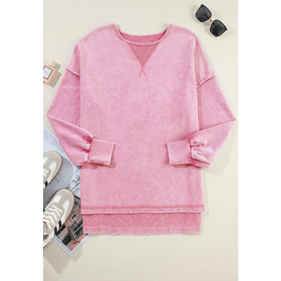 Exposed Seam Round Neck Long Sleeve Sweatshirt Apparel and Accessories