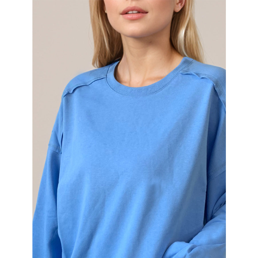 Exposed Seam Round Neck Long Sleeve Sweatshirt Apparel and Accessories