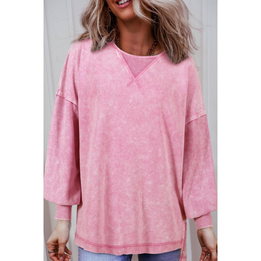 Exposed Seam Round Neck Long Sleeve Sweatshirt Apparel and Accessories