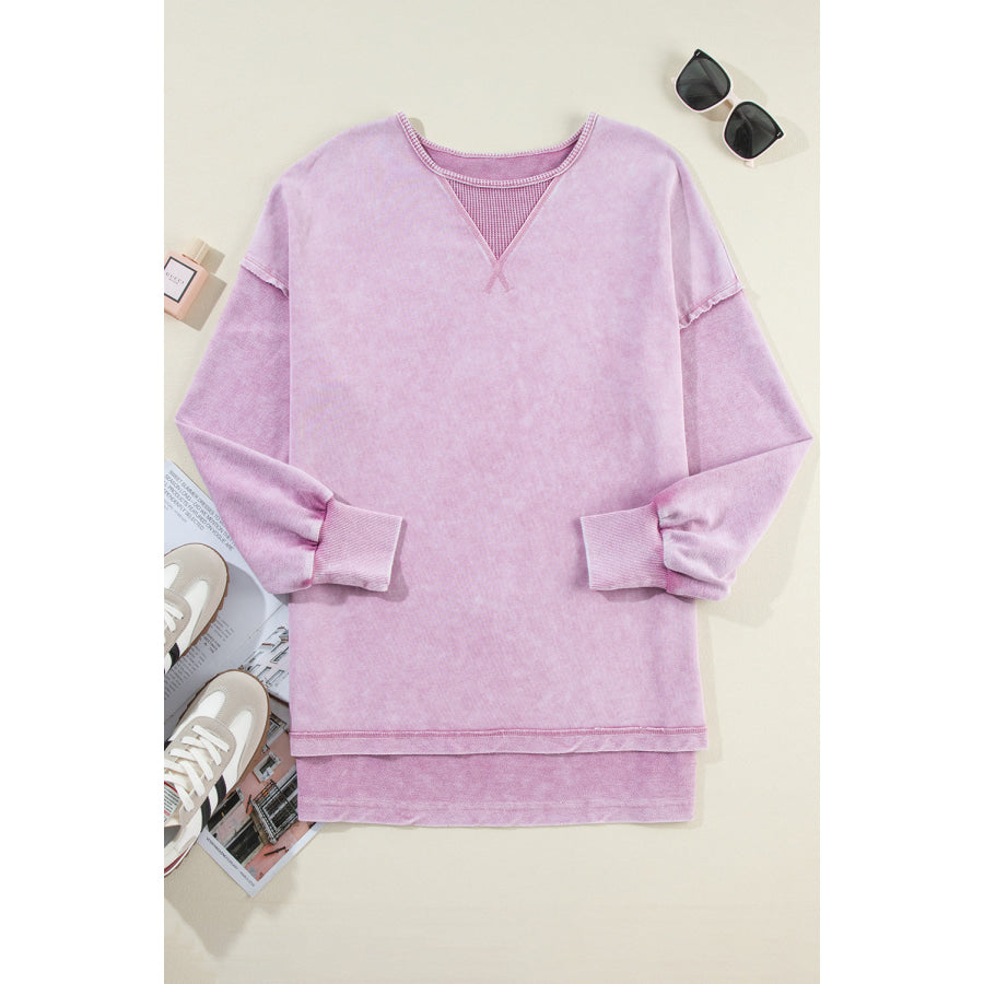 Exposed Seam Round Neck Long Sleeve Sweatshirt Apparel and Accessories