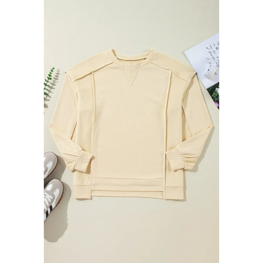 Exposed Seam Round Neck Long Sleeve Sweatshirt Apparel and Accessories