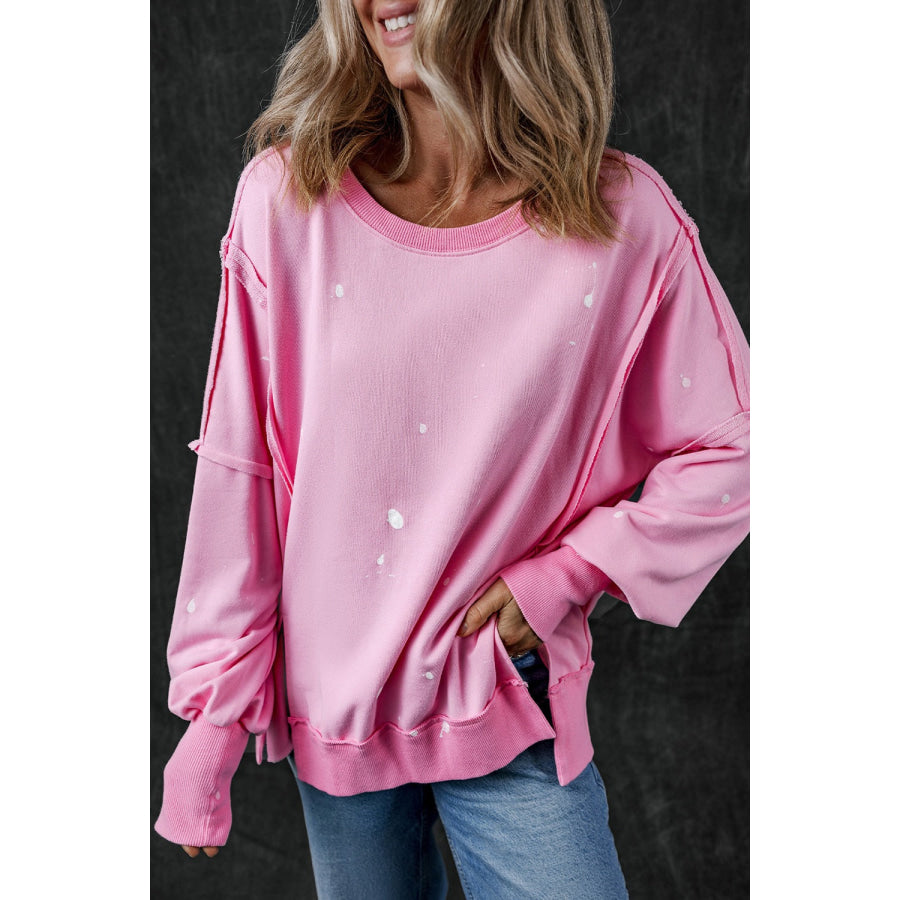 Exposed Seam Round Neck Long Sleeve Sweatshirt Pink / S Apparel and Accessories