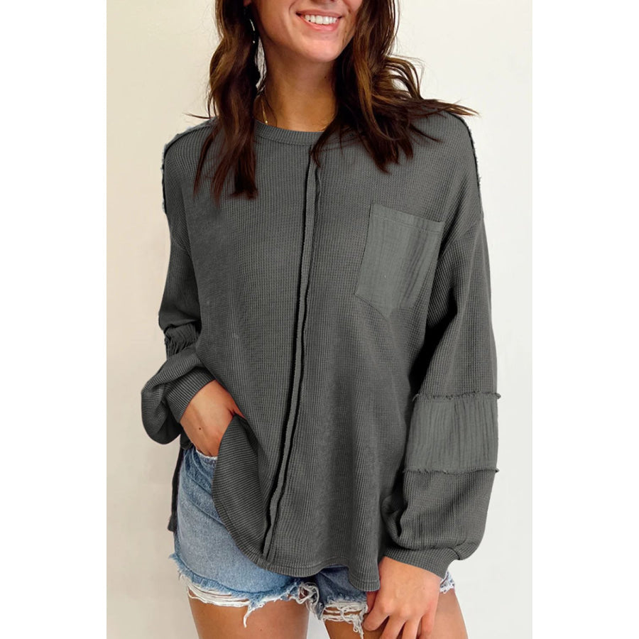 Exposed Seam Round Neck Long Sleeve Sweatshirt Apparel and Accessories