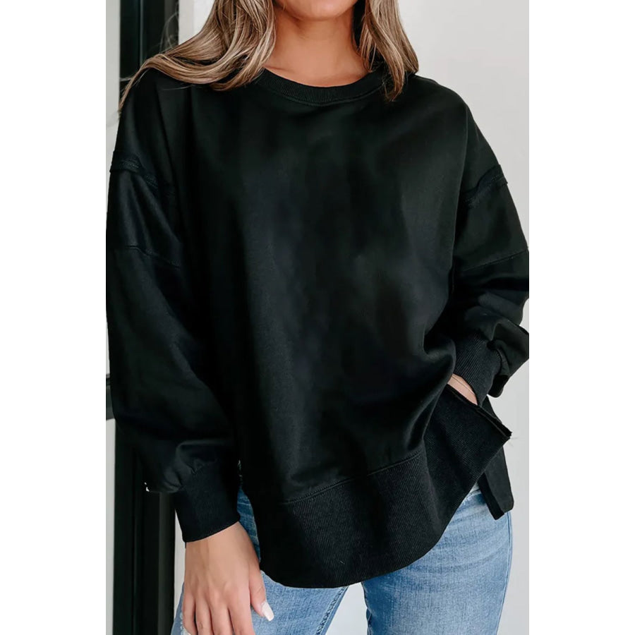 Exposed Seam Round Neck Long Sleeve Sweatshirt Black / S Apparel and Accessories