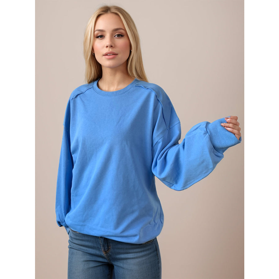 Exposed Seam Round Neck Long Sleeve Sweatshirt Blue / S Apparel and Accessories