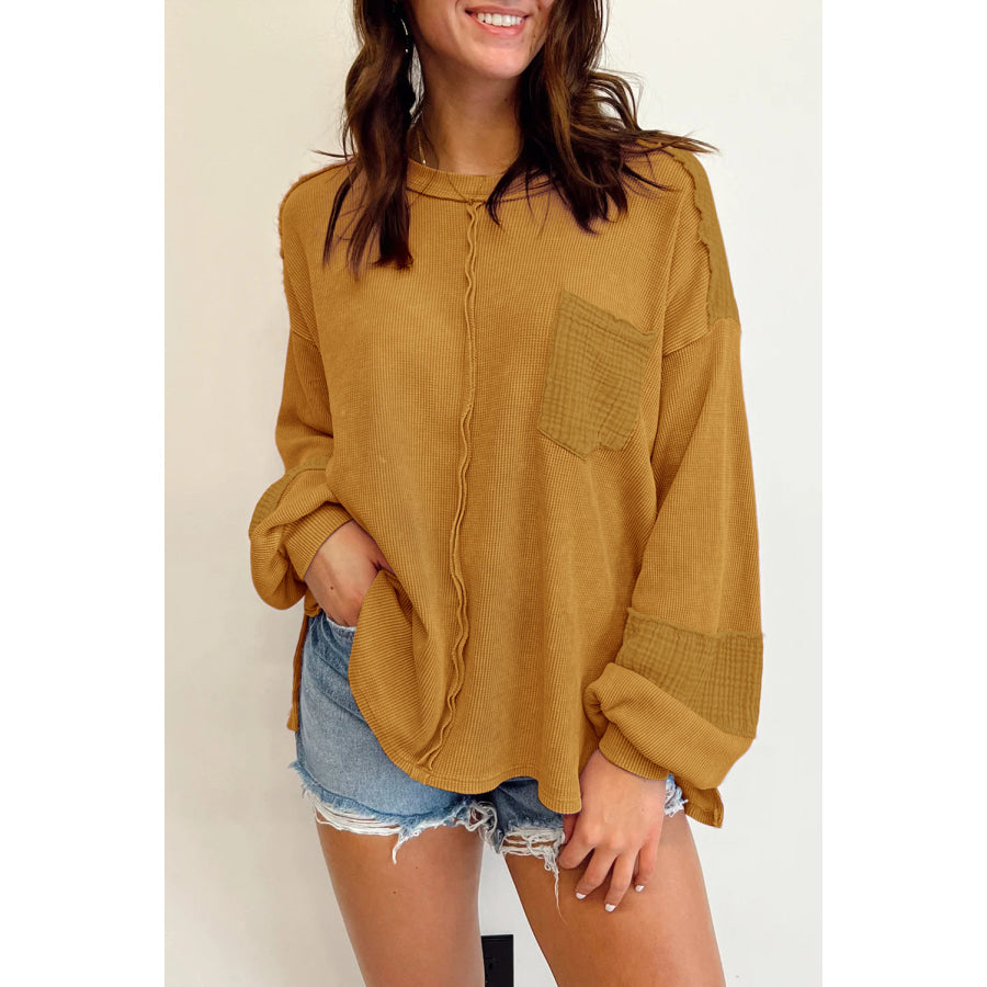 Exposed Seam Round Neck Long Sleeve Sweatshirt Camel / S Apparel and Accessories