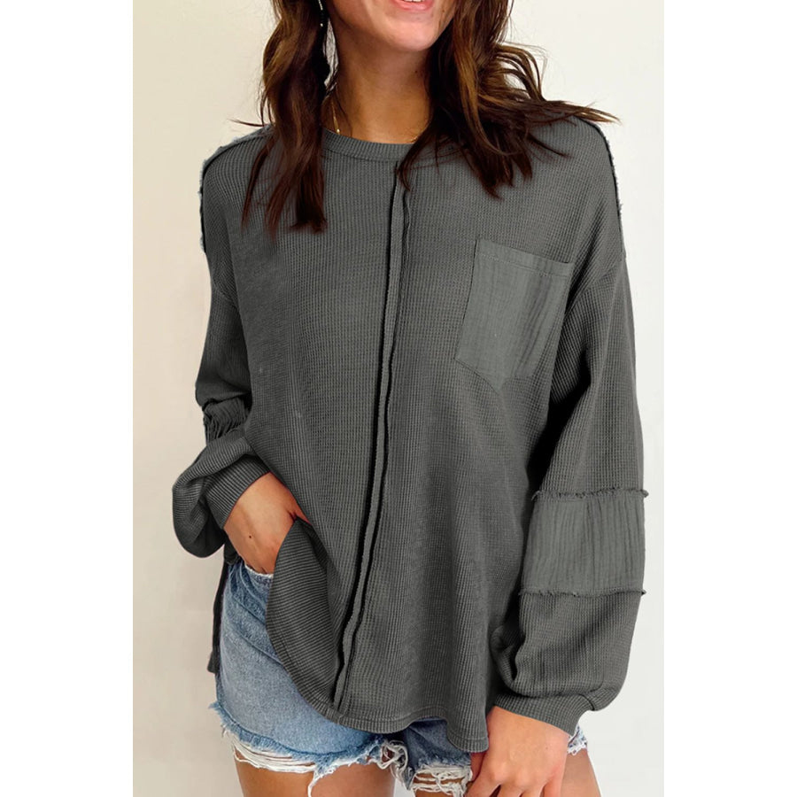 Exposed Seam Round Neck Long Sleeve Sweatshirt Dark Gray / S Apparel and Accessories