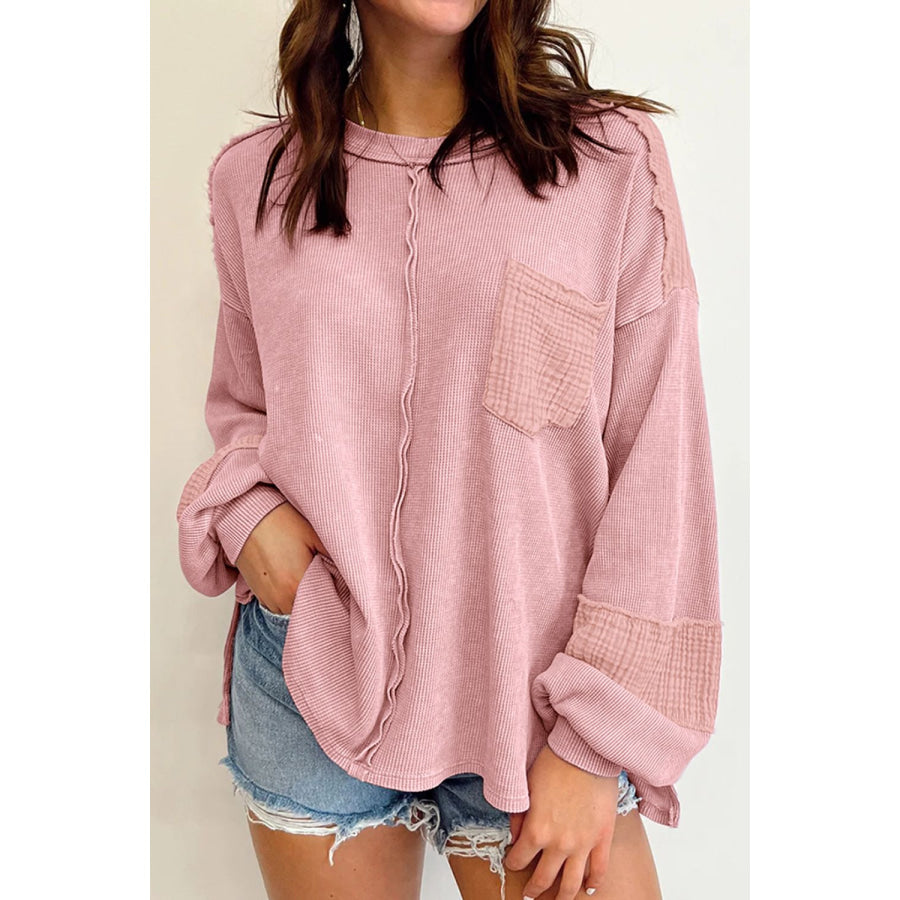 Exposed Seam Round Neck Long Sleeve Sweatshirt Dusty Pink / S Apparel and Accessories