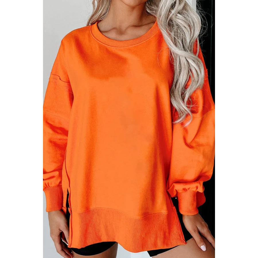 Exposed Seam Round Neck Long Sleeve Sweatshirt Orange / S Apparel and Accessories