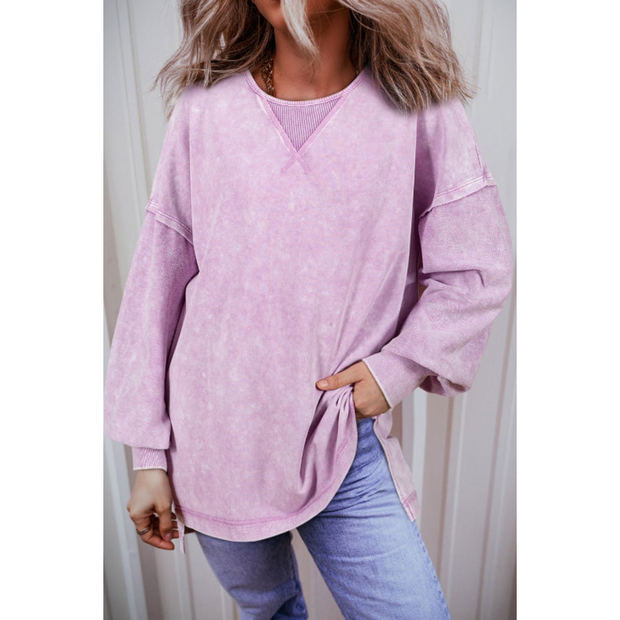 Exposed Seam Round Neck Long Sleeve Sweatshirt Pink Purple / S Apparel and Accessories