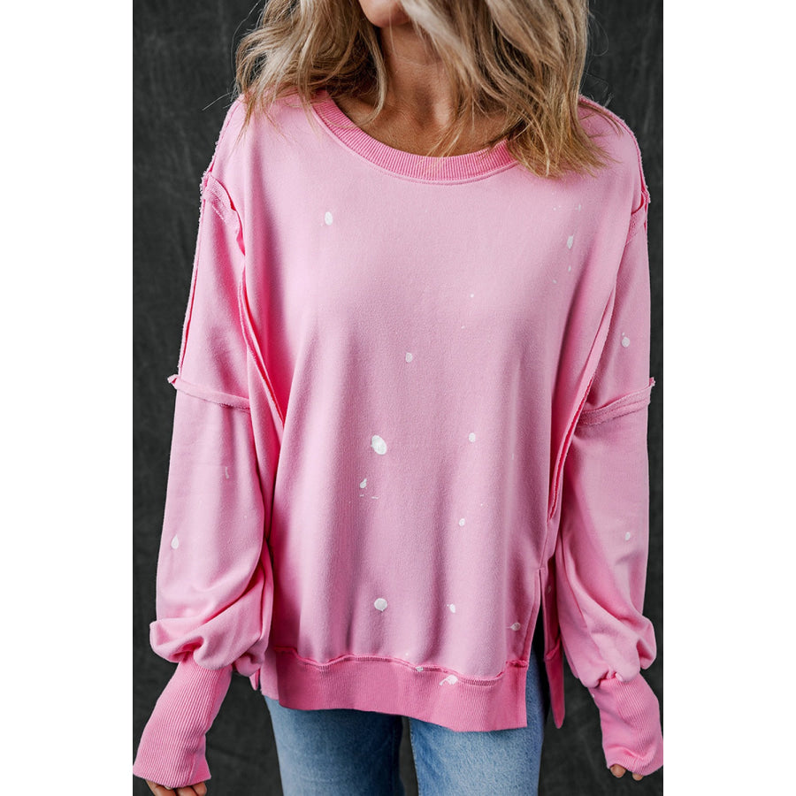 Exposed Seam Round Neck Long Sleeve Sweatshirt Pink / S Apparel and Accessories
