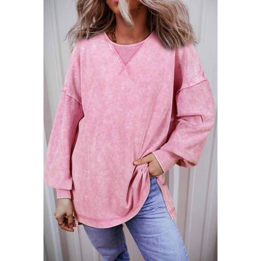 Exposed Seam Round Neck Long Sleeve Sweatshirt Pink / S Apparel and Accessories