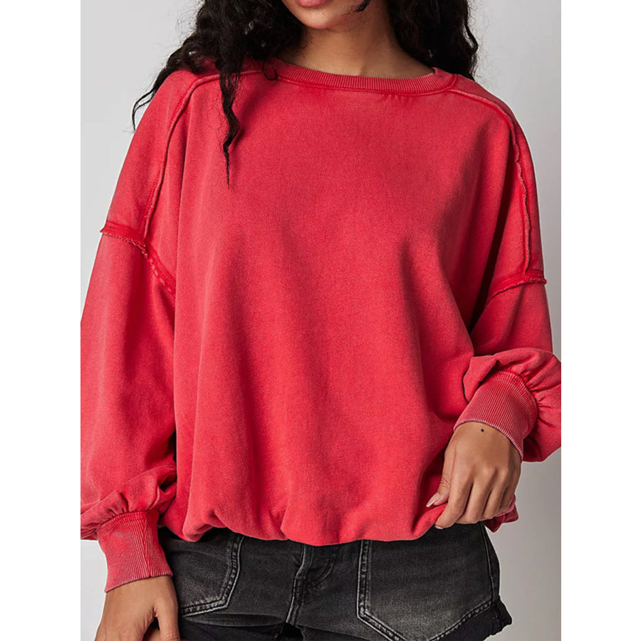 Exposed Seam Round Neck Long Sleeve Sweatshirt Strawberry / S Apparel and Accessories