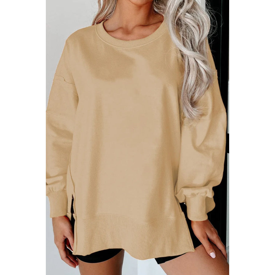 Exposed Seam Round Neck Long Sleeve Sweatshirt Tan / S Apparel and Accessories