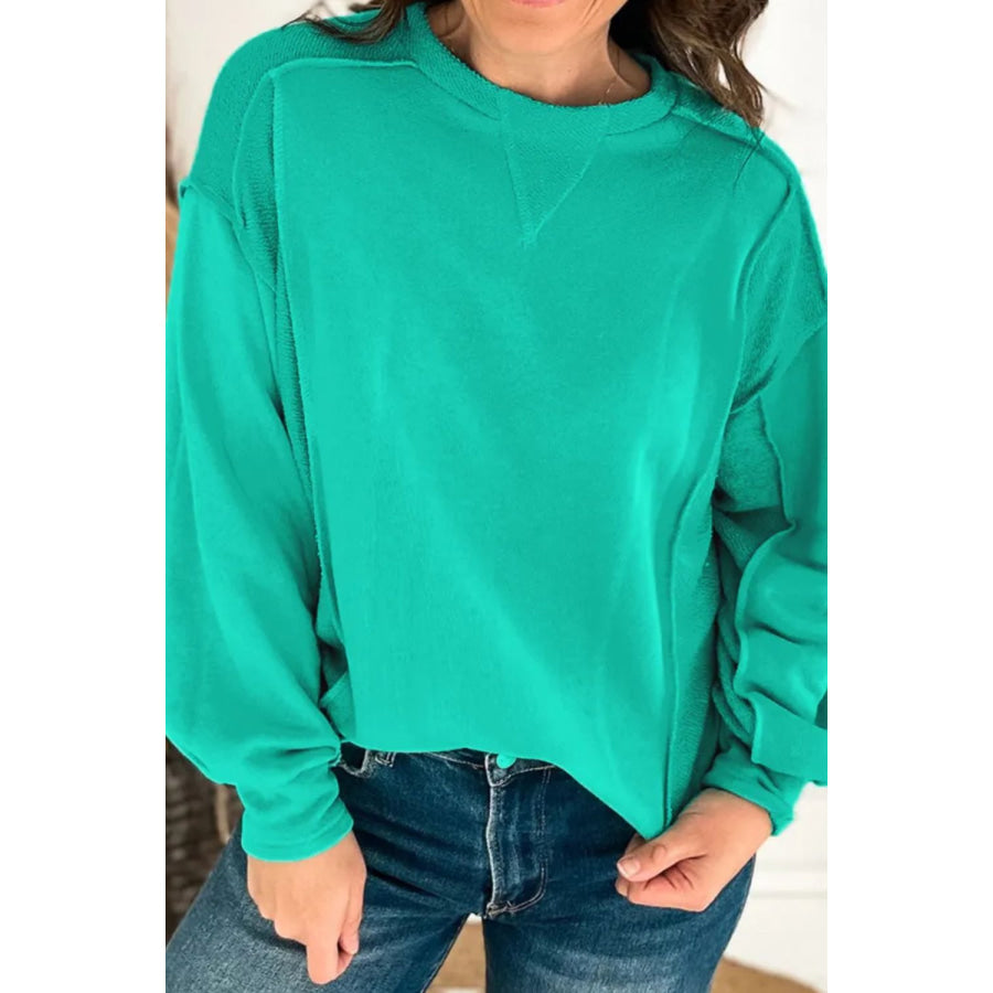 Exposed Seam Round Neck Long Sleeve Sweatshirt Turquoise / S Apparel and Accessories