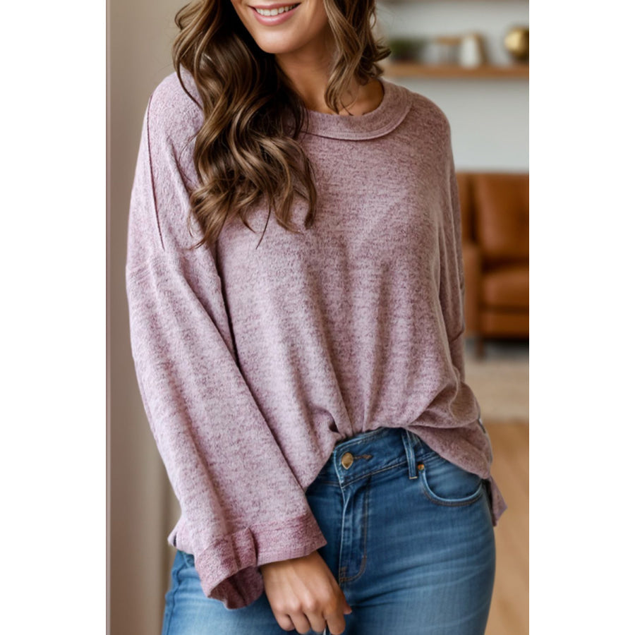 Exposed Seam Round Neck Long Sleeve Top Pink Purple / S Apparel and Accessories