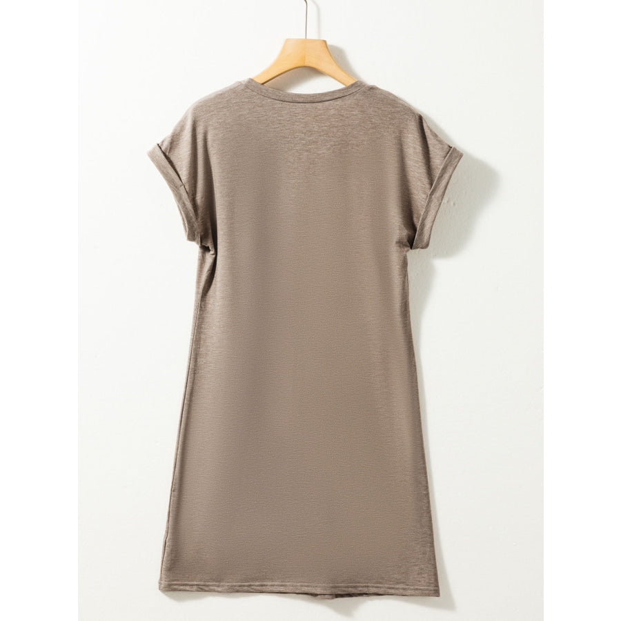 Exposed Seam Round Neck Mini Dress Taupe / S Apparel and Accessories