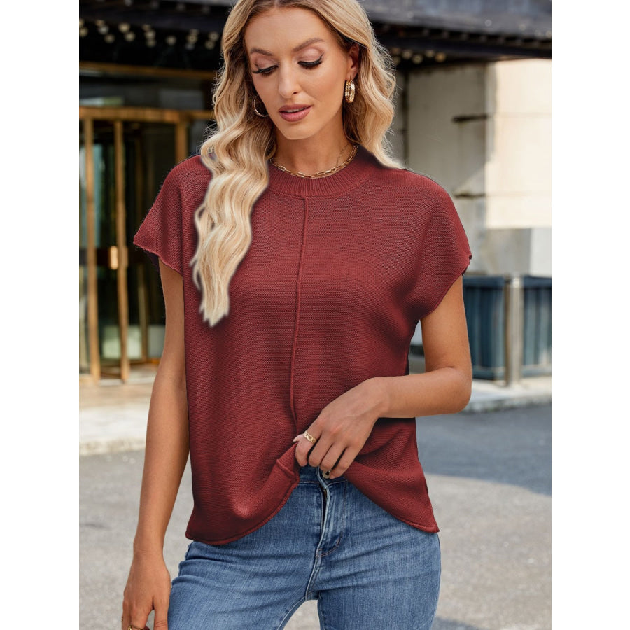 Exposed Seam Round Neck Short Sleeve Sweater Apparel and Accessories