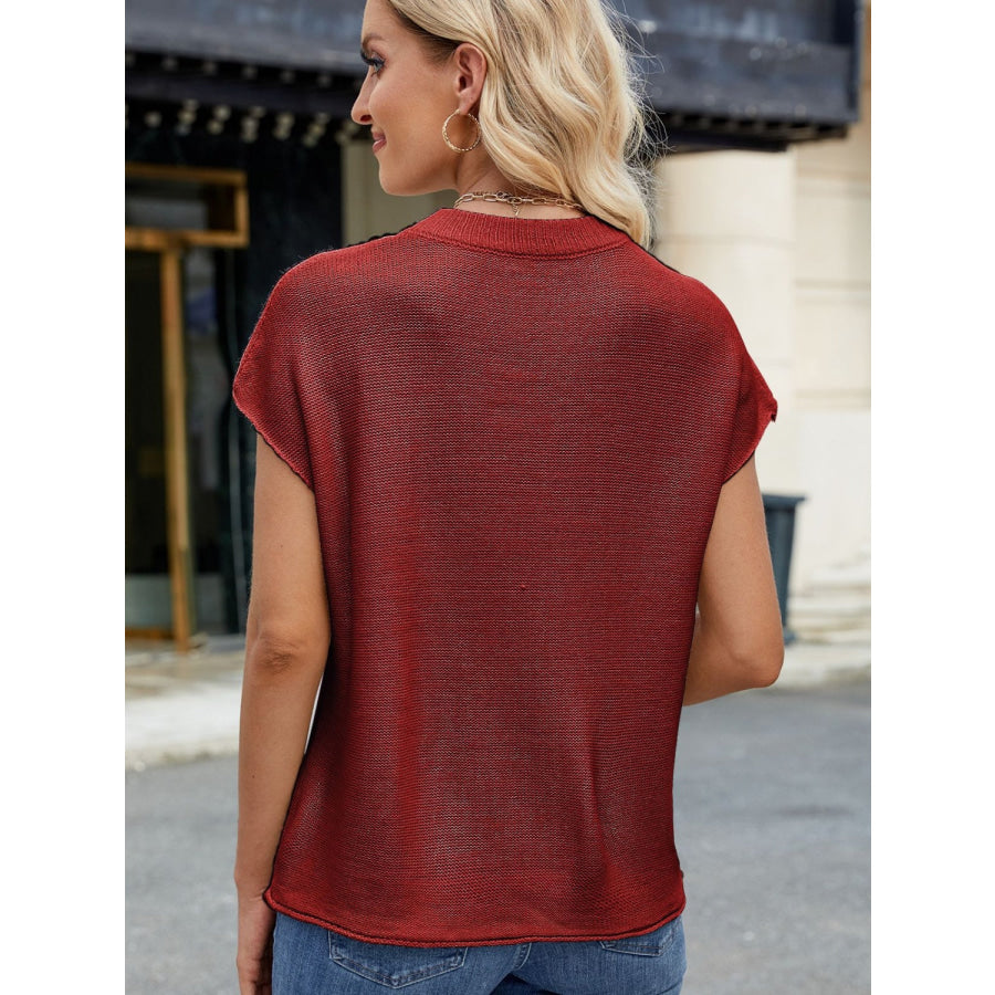 Exposed Seam Round Neck Short Sleeve Sweater Apparel and Accessories