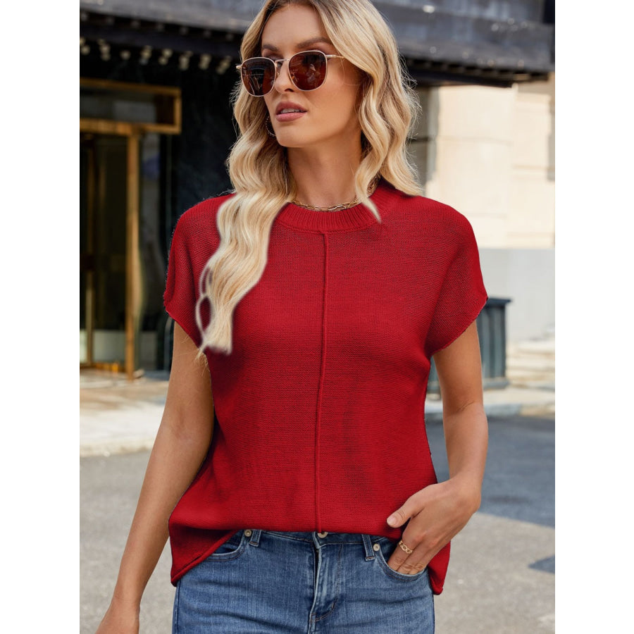 Exposed Seam Round Neck Short Sleeve Sweater Apparel and Accessories