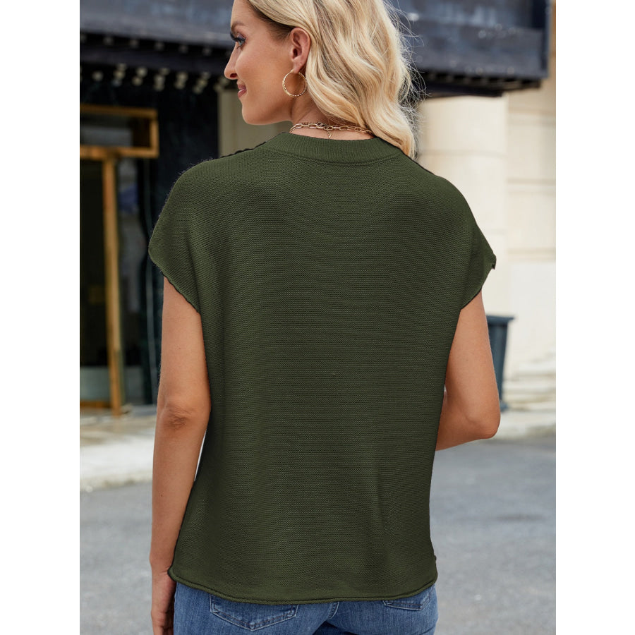 Exposed Seam Round Neck Short Sleeve Sweater Apparel and Accessories