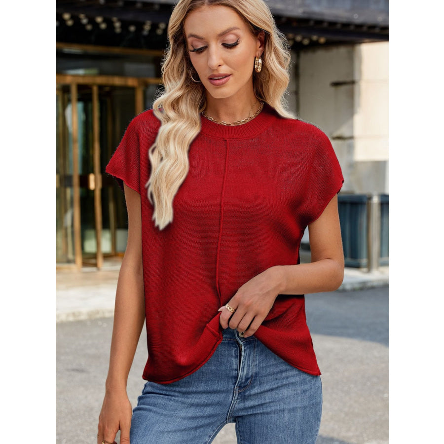 Exposed Seam Round Neck Short Sleeve Sweater Apparel and Accessories