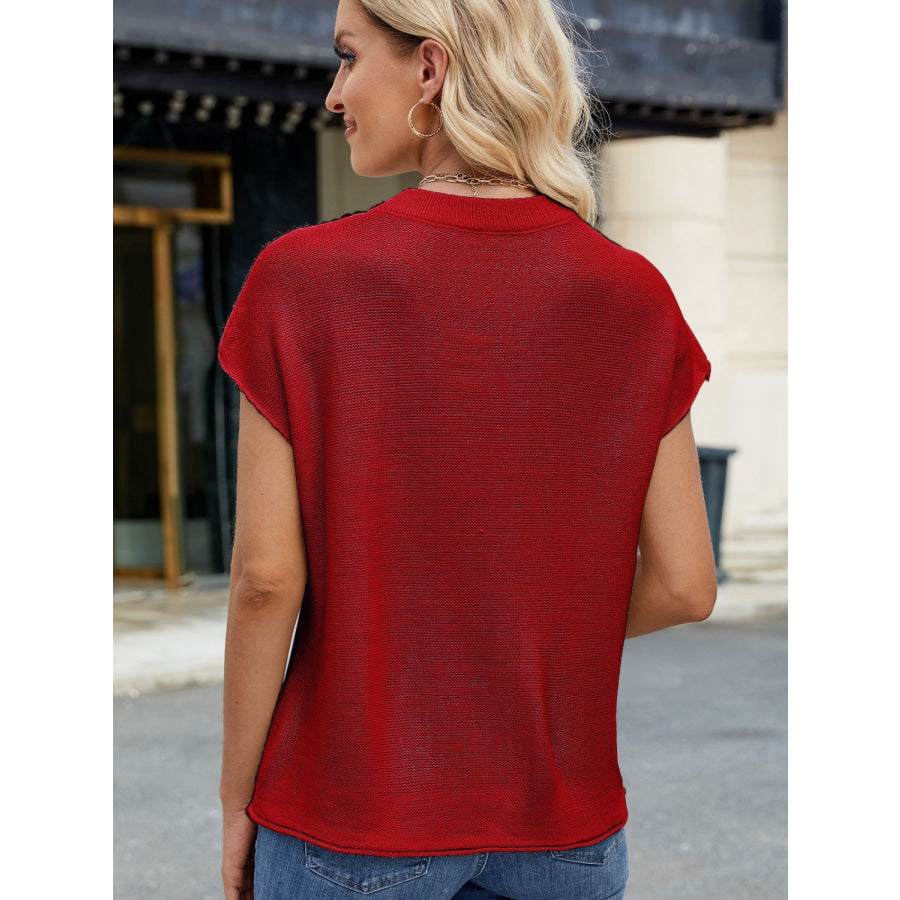 Exposed Seam Round Neck Short Sleeve Sweater Apparel and Accessories