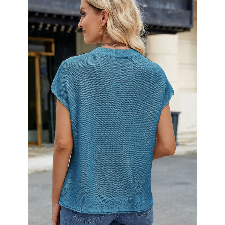 Exposed Seam Round Neck Short Sleeve Sweater Apparel and Accessories