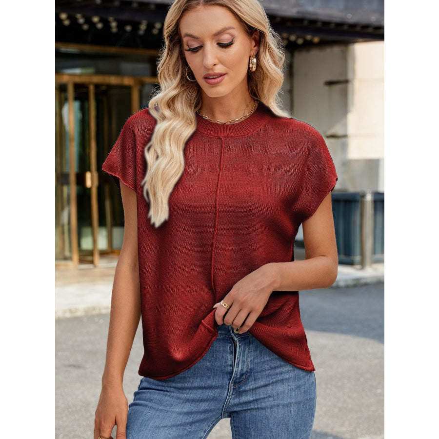 Exposed Seam Round Neck Short Sleeve Sweater Apparel and Accessories