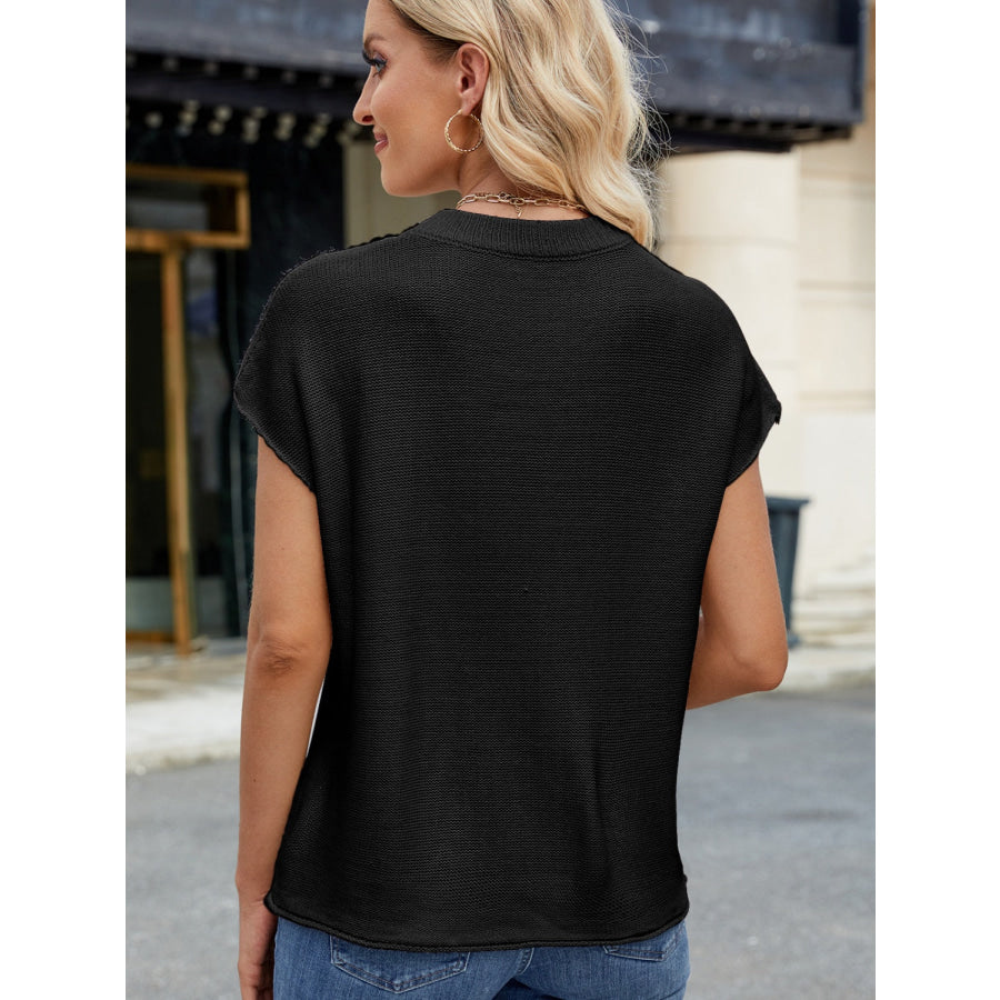 Exposed Seam Round Neck Short Sleeve Sweater Apparel and Accessories