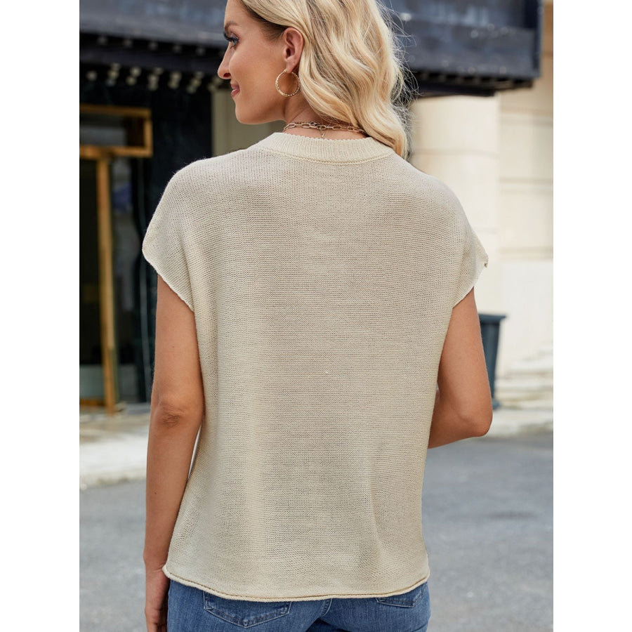 Exposed Seam Round Neck Short Sleeve Sweater Apparel and Accessories