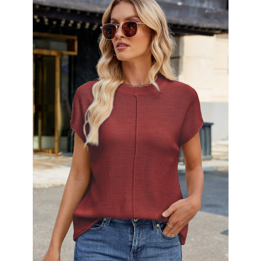 Exposed Seam Round Neck Short Sleeve Sweater Apparel and Accessories