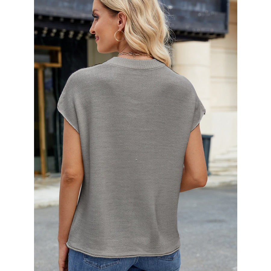 Exposed Seam Round Neck Short Sleeve Sweater Gray / S Apparel and Accessories