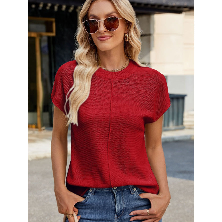 Exposed Seam Round Neck Short Sleeve Sweater Scarlet / S Apparel and Accessories