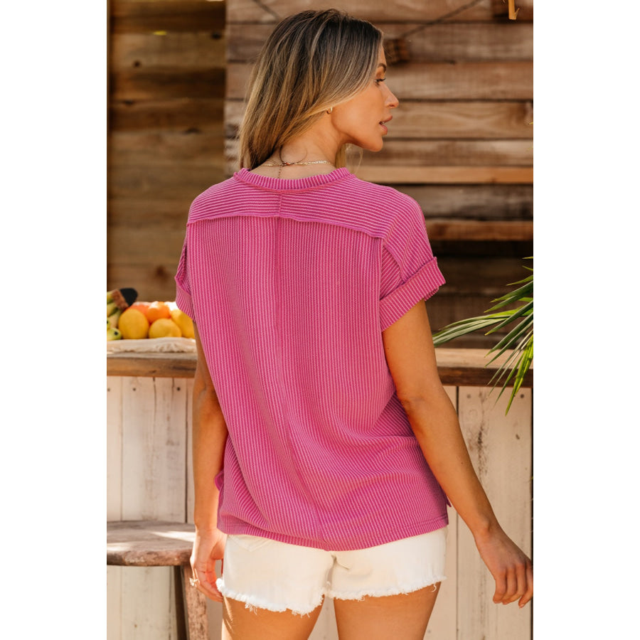 Exposed Seam Round Neck Short Sleeve T - Shirt Apparel and Accessories