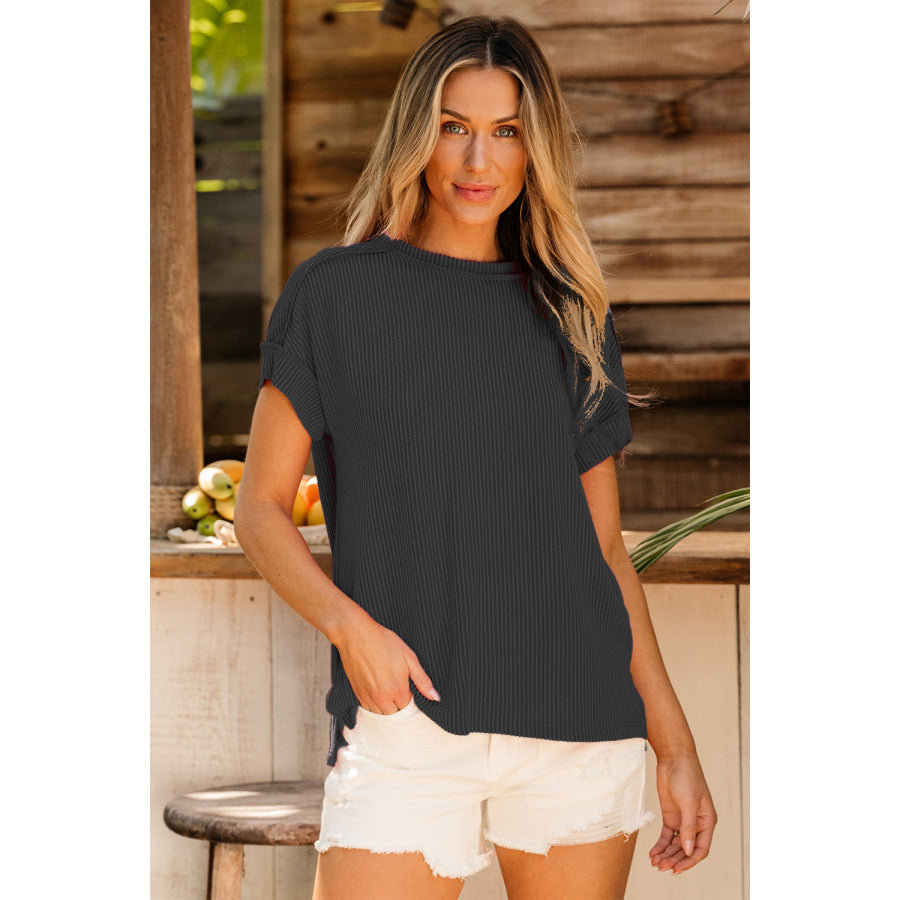 Exposed Seam Round Neck Short Sleeve T - Shirt Black / L Apparel and Accessories