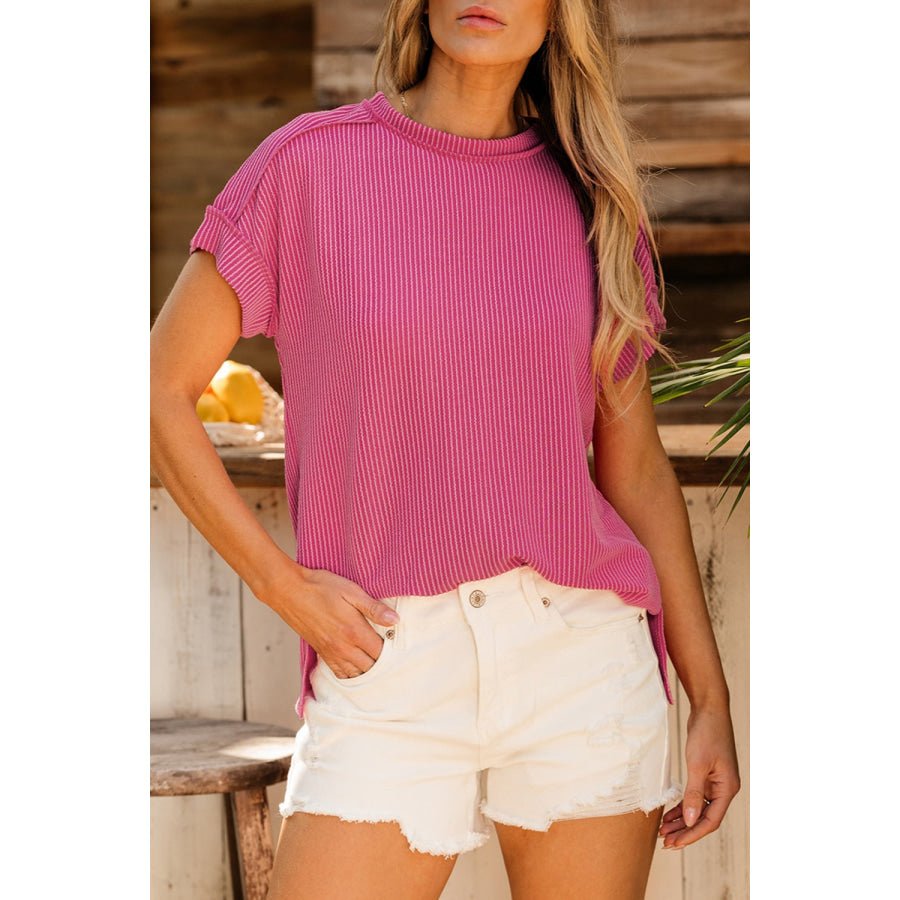 Exposed Seam Round Neck Short Sleeve T - Shirt Deep Rose / S Apparel and Accessories