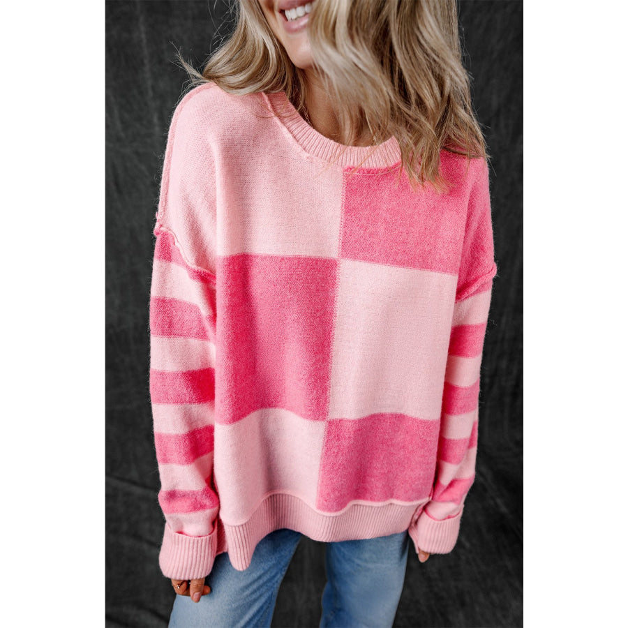 Exposed Seam Round Neck Sweater Blush Pink / S Apparel and Accessories