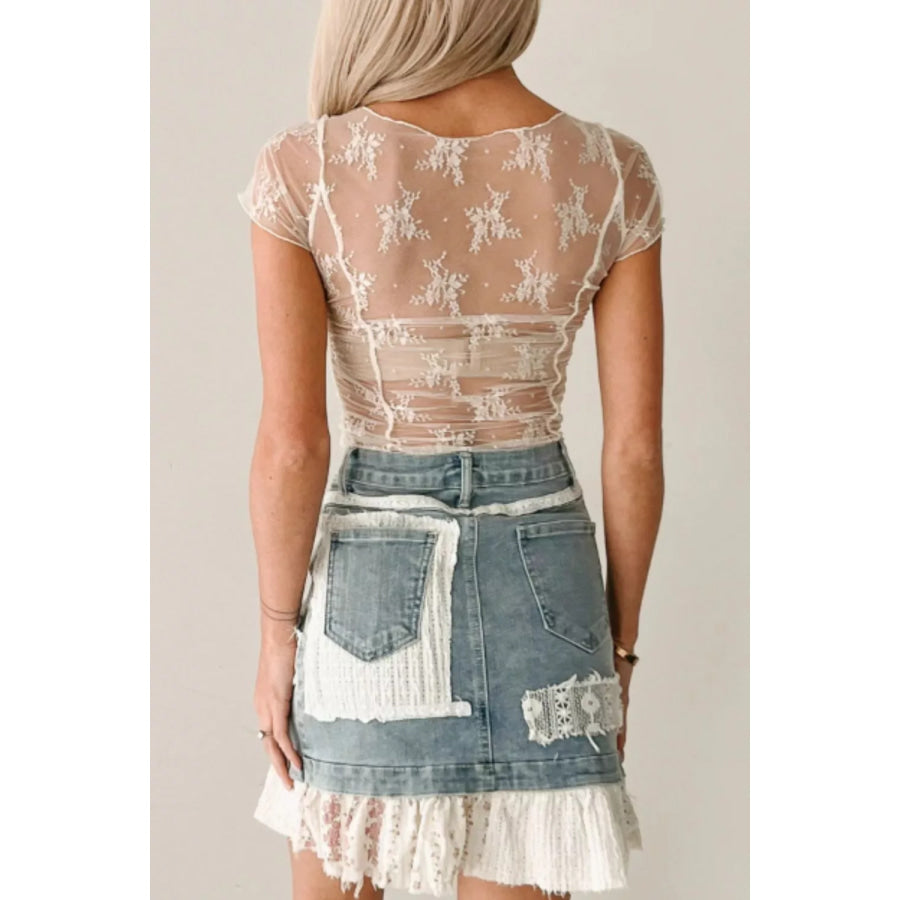 Exposed Seam Ruched Sheer Floral Mesh Top Apparel and Accessories
