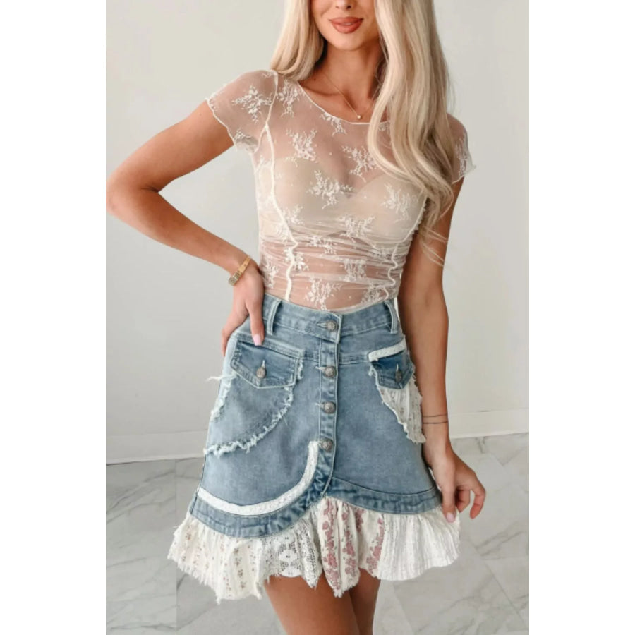 Exposed Seam Ruched Sheer Floral Mesh Top Apparel and Accessories