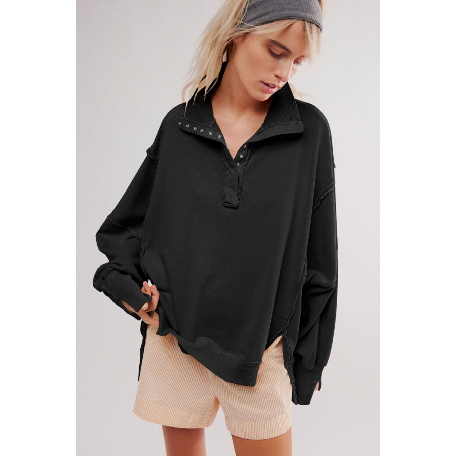 Exposed Seam Side Slit Long Sleeve Sweatshirt Apparel and Accessories